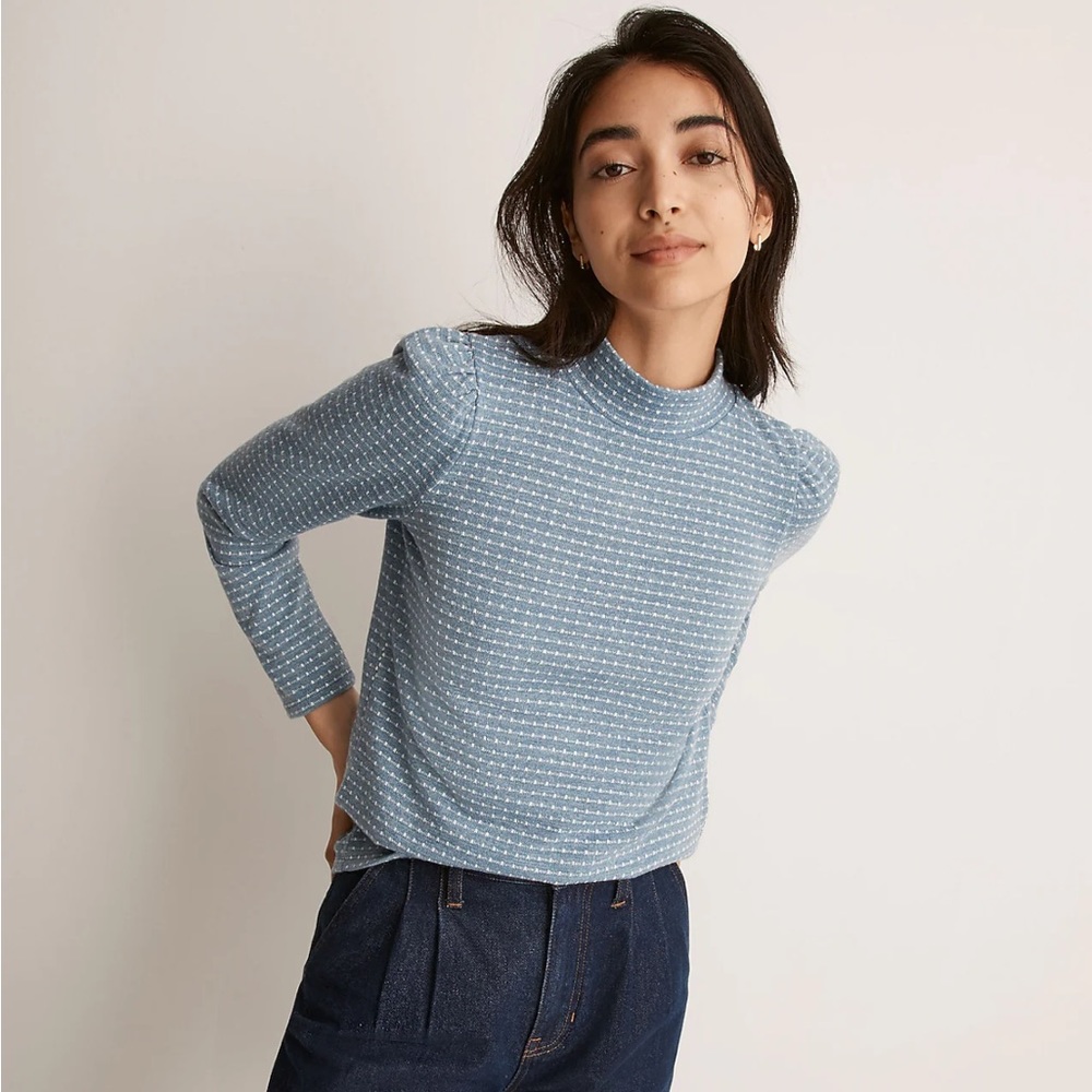 Jacquard Puff-Sleeve Mockneck Top